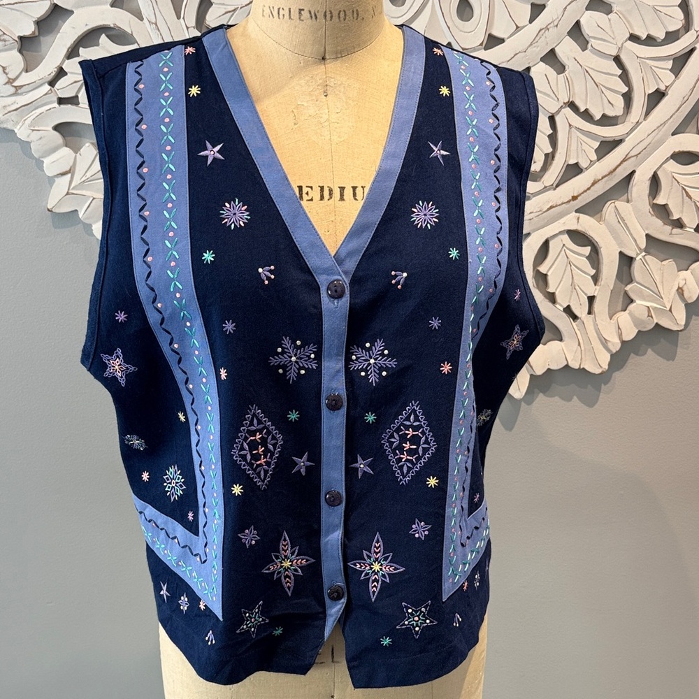 Vintage Napa Valley Christmas vest Embroidered Navy Blue Star Patterns Large
